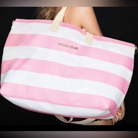 Victoria's Secret Handbags - NWOT Victoria’s Secret Canvas Zipper Duffel Bag Pink/Cream Stripes